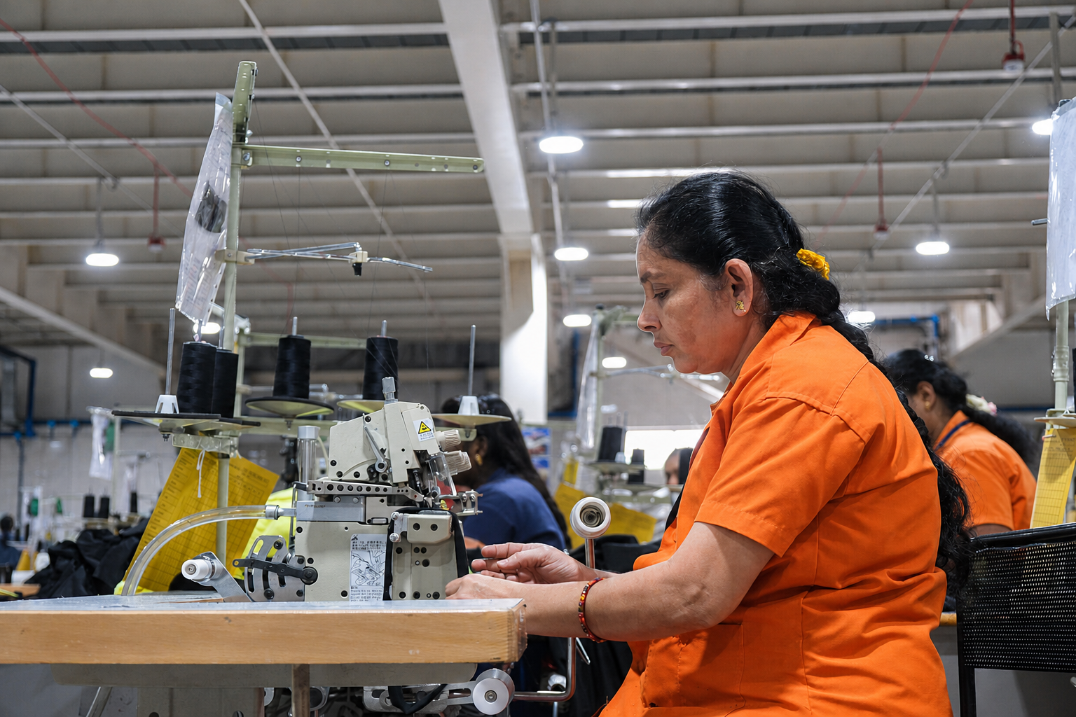 Akshara garment colleague operating an industrial sewing machine