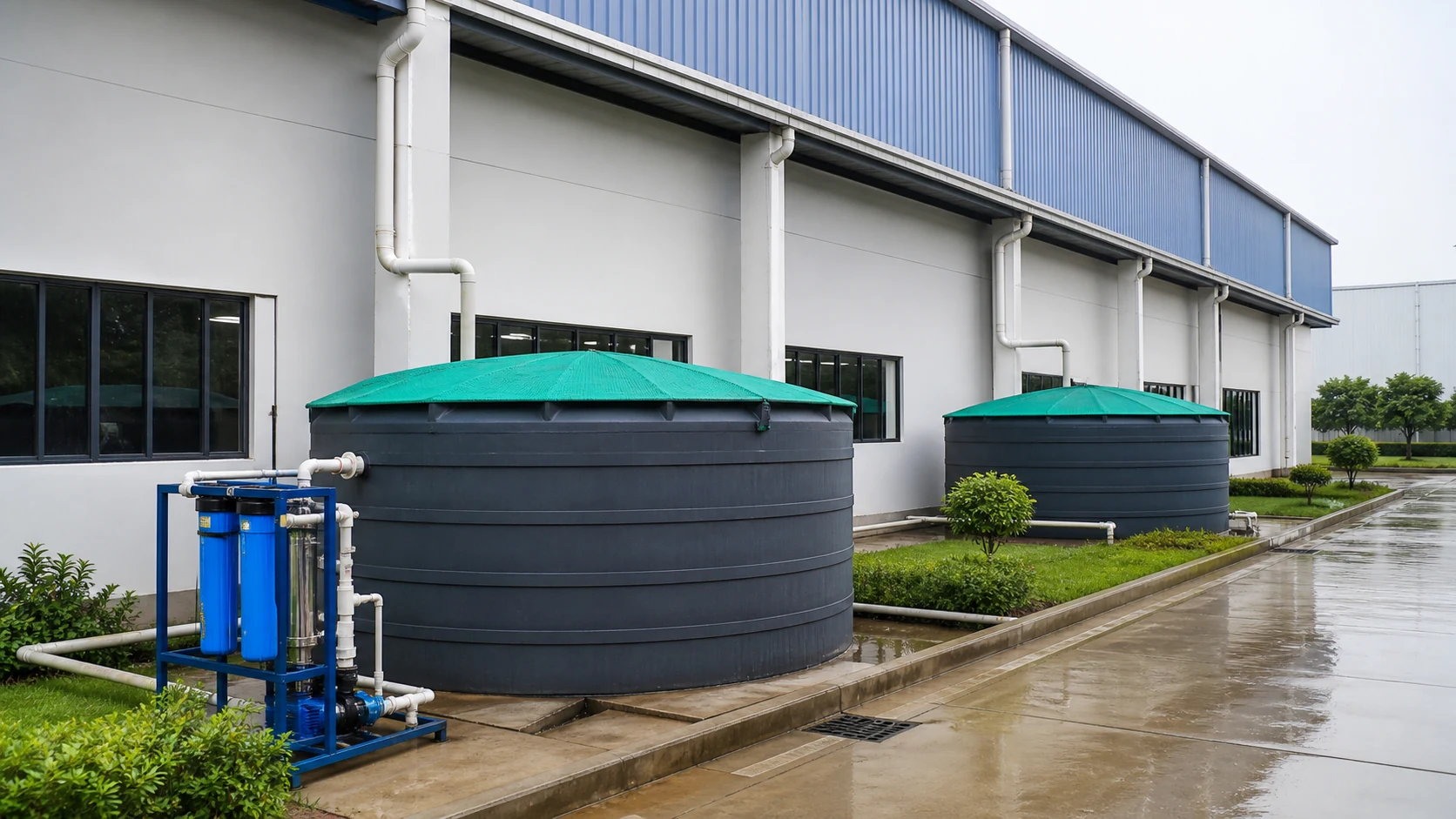 Industrial rooftop rainwater harvesting tanks and filtration system