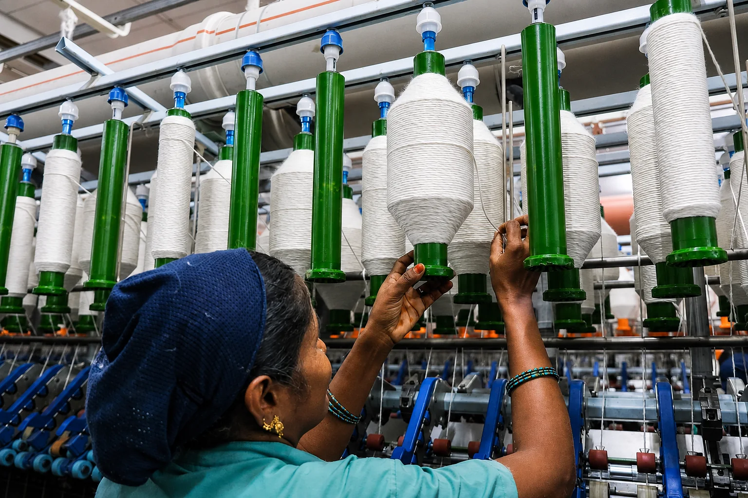 Operator inspecting yarn packages at Akshara Spinning Unit I