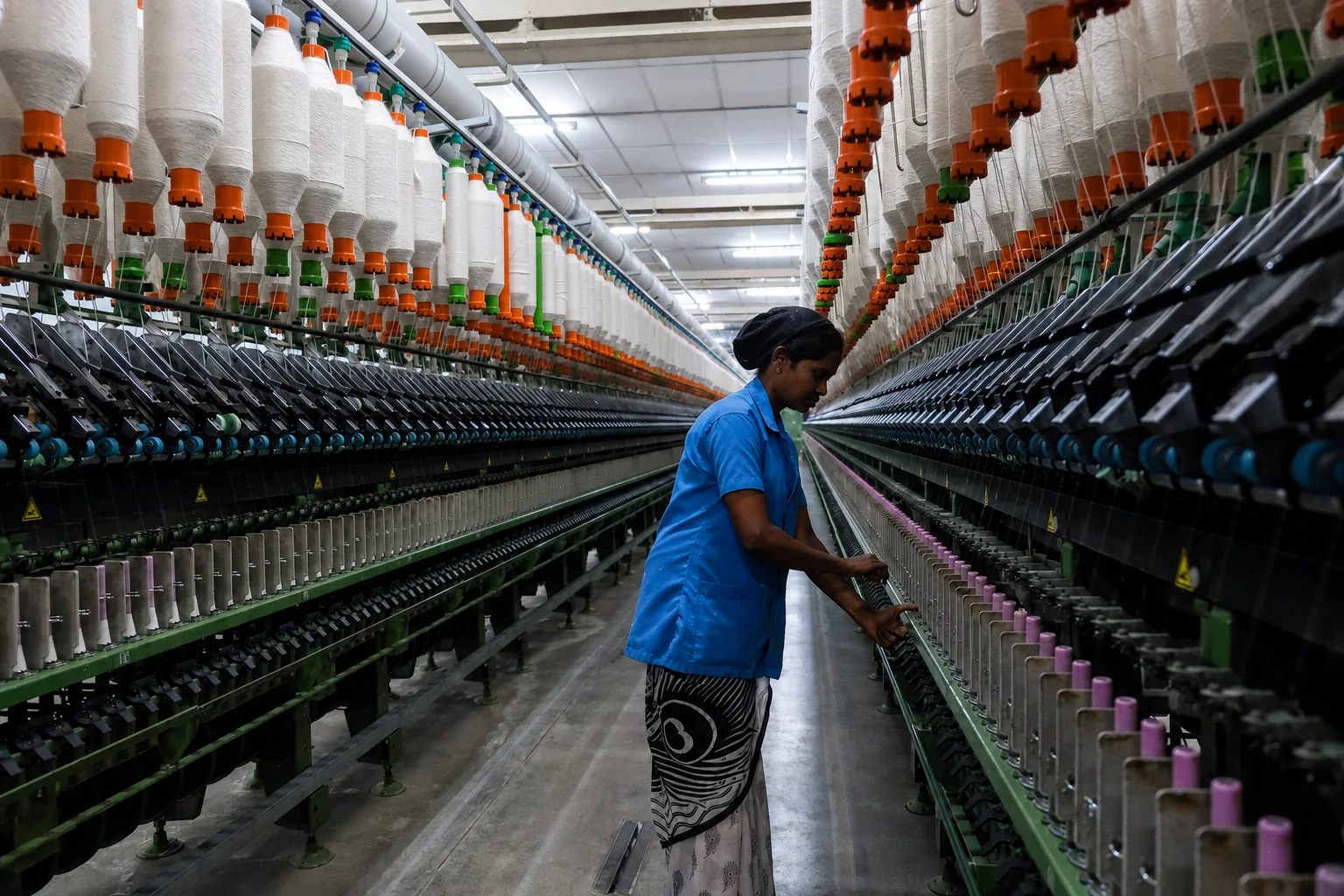 Operator working along the spinning frame at Akshara Spinning Unit II